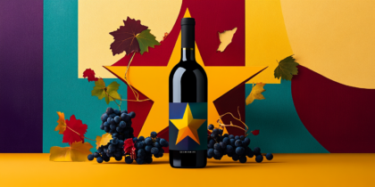 Wine Bottle Featuring Autumn-inspired Label With Fruits, Grapevines, And Fall Foliage In Warm Red, Orange, And Gold Hues.