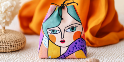 Tiny Gift Bags With Vibrant Colors, Abstract Patterns, And Serene Faces, Combining Maximalist Design With Artistic Expression.