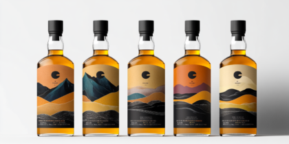 Whisky Bottle With Nature-inspired Label Featuring Warm Tones And Scenic Landscapes, Reflecting The Art Of Craftsmanship.