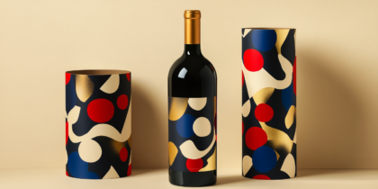 Wine Bottle In Geometric Packaging With Primary Colors And Gold Accents, Showcasing A Modern And Luxurious Design.