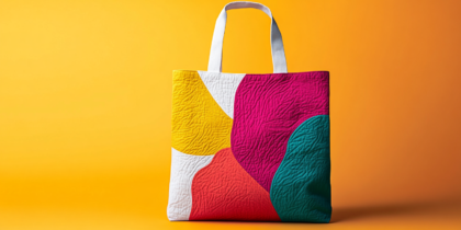Colorful Tote Bags Featuring Bold Geometric Patterns In Red, Blue, Yellow, And Green, Designed For Style And Practicality.