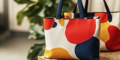 Modern Canvas Bag Collection With Geometric Designs In Red, Yellow, And Navy, Highlighting Durability And Versatility.