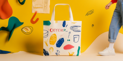 Colorful Tote Bags Featuring Playful Designs Of Cups, Bread, And Abstract Shapes, Showcasing Artistic Flair.