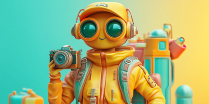 "Futuristic Adventurers In Vibrant Yellow And Orange Gear, Equipped With High-tech Backpacks, Oversized Goggles, And Advanced Cameras, Exploring Surreal Mechanical Landscapes."